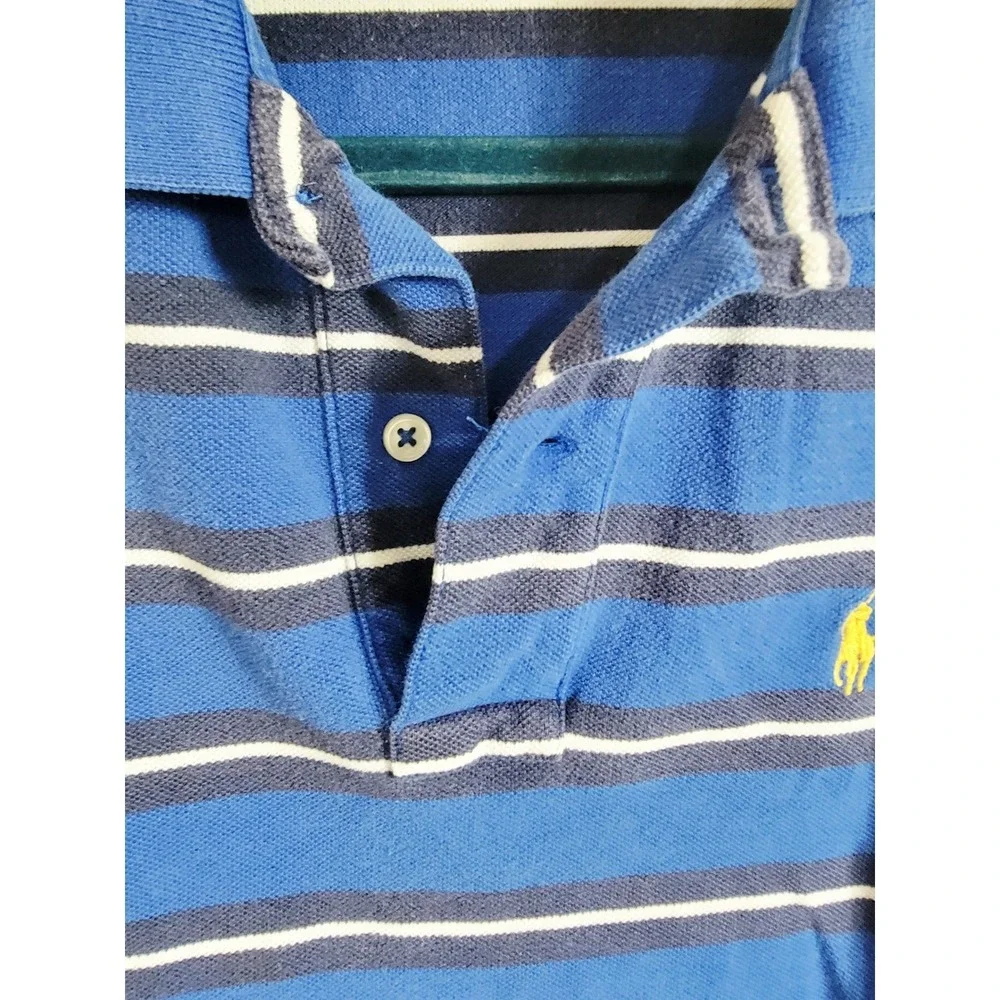 Polo Ralph Lauren M Blue‎ Striped Polo SS Yellow Pony Vtg Classic Fit Casual